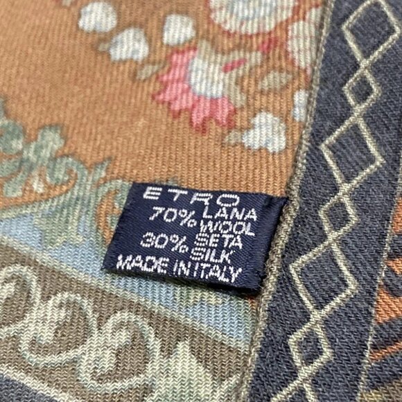 Auth ETRO - Khaki Brown Multi Wool Silk Scarf - Picture 2 of 5